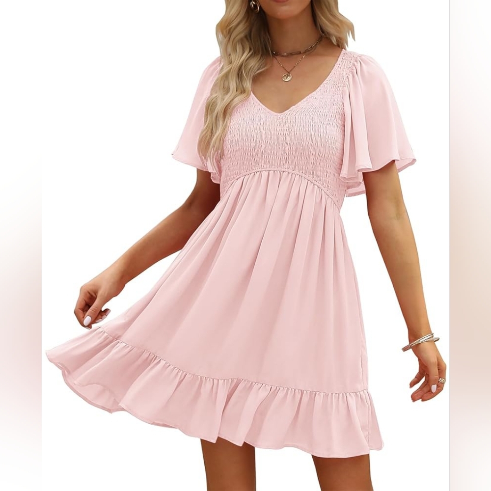 Lillusory Light Pink Smocked V-Neck Flutter Short-Sleeve Dress – Medium – New